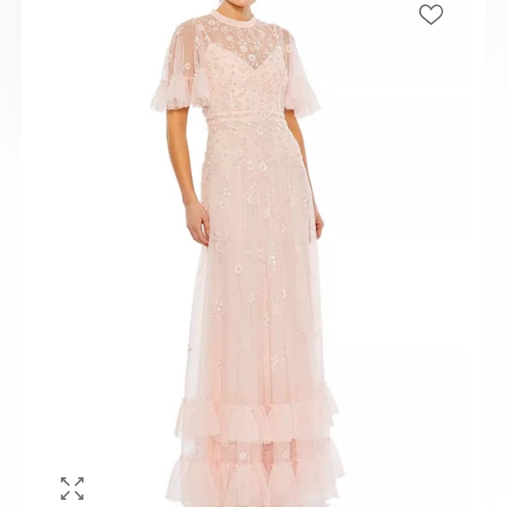 MacDuggal Ruffled Floral Embellished Flutter Sleeve A line Gown